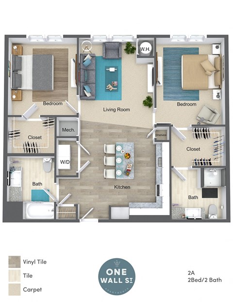 Floor plan for 2 beds, 2 baths, 1069 sqft